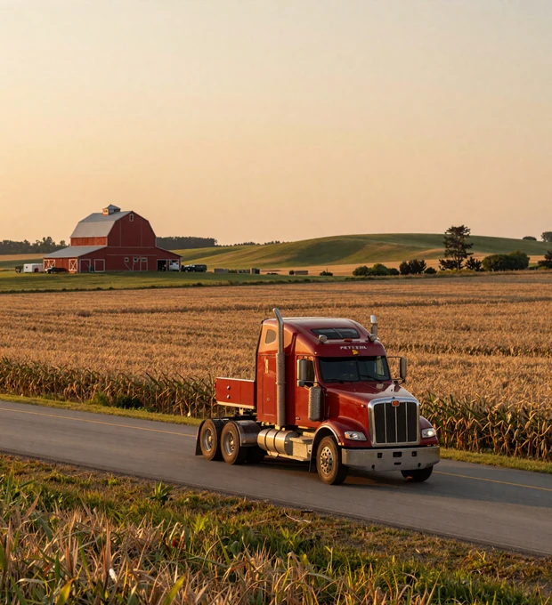 Trucker dating Iowa - red semi truck rolling I-80 through Hawkeye State cornfields at golden hour