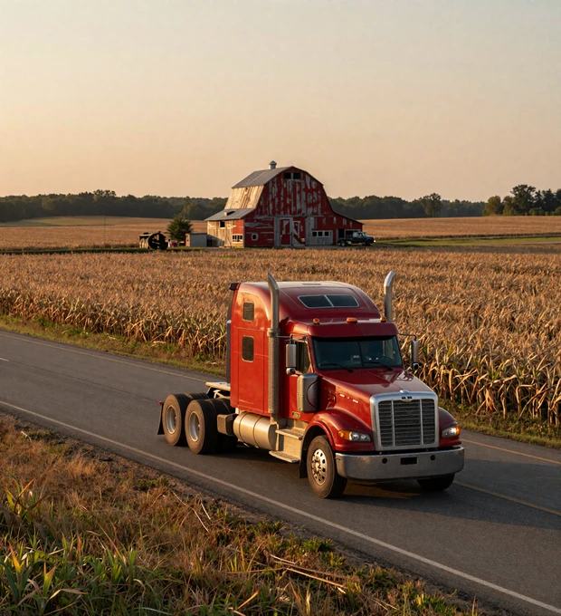 Ohio trucker dating - red semi truck rolling I-70 through Buckeye farmland at golden hour