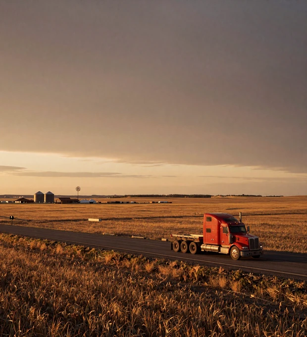 Nebraska trucker dating - red Peterbilt semi truck rolling I-80 across Great Plains cornfields at golden hour