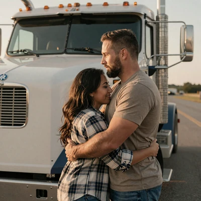 Trucker couple at dawn beside rig - maintaining relationships during long hauls