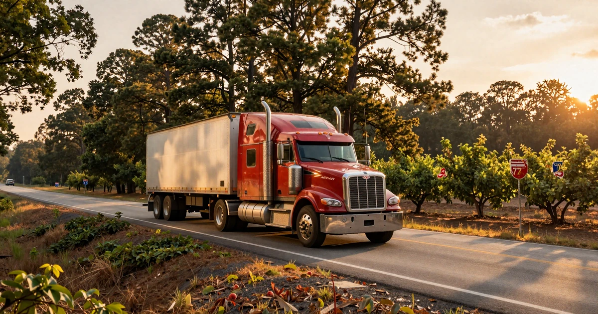 Georgia trucker dating - red Peterbilt rolling I-75 through Peach State pine country at golden hour