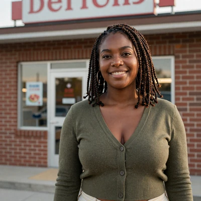Jada from Pearland outside a brick diner - dating a truck driver in Houston