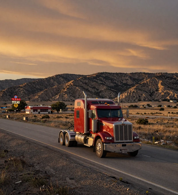 Red Peterbilt big rig on Texas highway at sunset - trucker dating Texas hero image