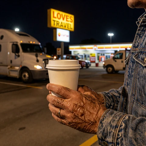 Trucker holding coffee at a Love's parking lot at night - truck stop romance moment