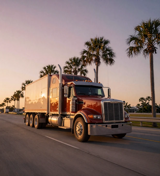 Florida trucker dating - chrome semi truck rolling palm-lined I-95 at sunrise