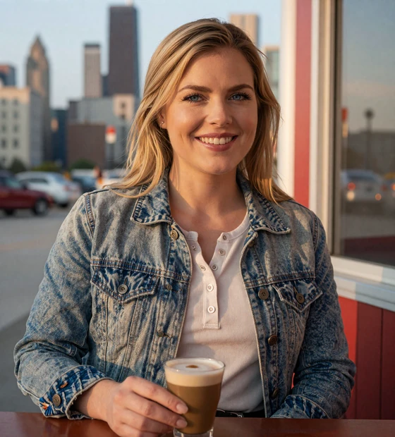 Friendly Chicagoland woman outside a diner at sunset - trucker dating Chicago on LoveMy