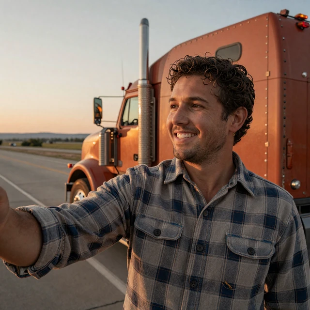Trucker taking authentic profile photo beside rig at sunset - online dating tips for truck drivers