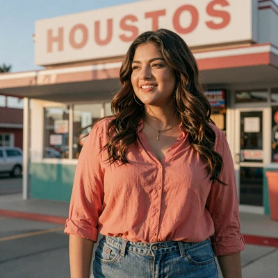 Camila from Pasadena smiling outside a Houston diner - trucker dating Houston profile