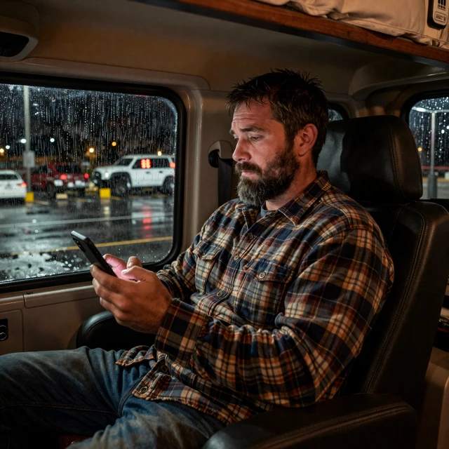 Frustrated trucker swiping through a generic dating app in his sleeper berth - why traditional dating apps fail CDL drivers
