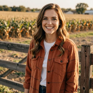 Megan from Grand Island - chestnut-haired Nebraska woman trucker dating profile by cornfield fence