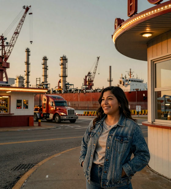 Houston port skyline with tanker truck and Latina woman smiling near a diner - trucker dating Houston on LoveMy