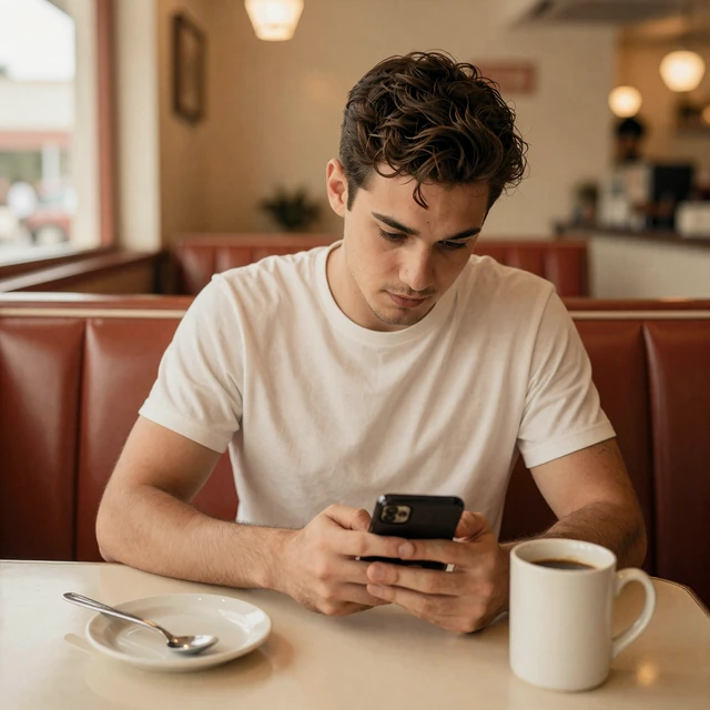 Trucker writing dating app profile at diner booth - online dating tips guide