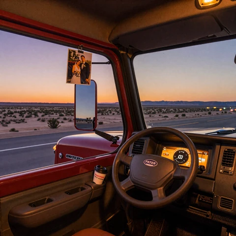 View from a trucker cab at dusk - life on the road and dating story cover