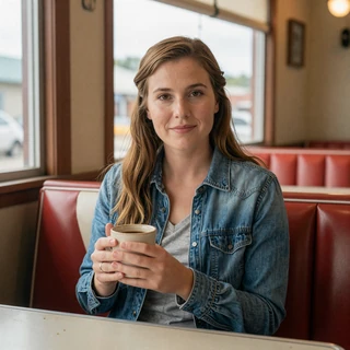 Rachel from Columbus - Ohio trucker dating profile in a Midwestern coffee shop
