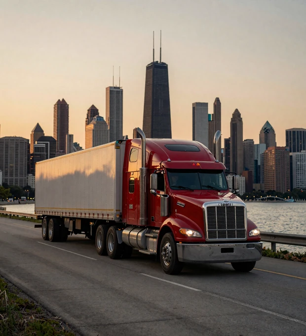 Illinois trucker dating - semi truck on I-90 approaching Chicago skyline at dusk