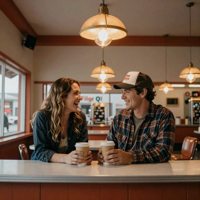 Trucker couple sharing coffee at diner counter - how to date a truck driver
