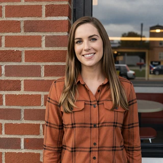 Megan from Ohio - blue collar dating profile in flannel outside diner