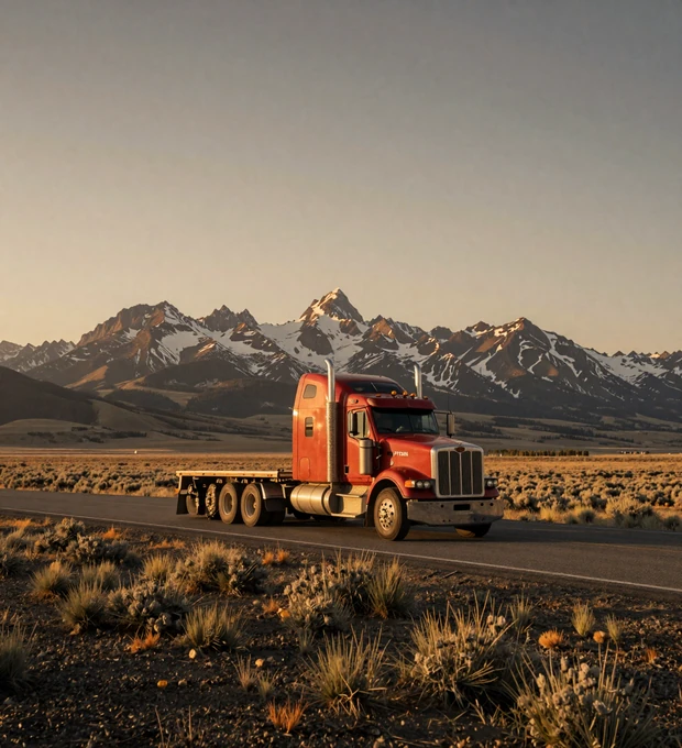 Wyoming trucker dating - red semi truck rolling I-80 mountain pass at golden hour