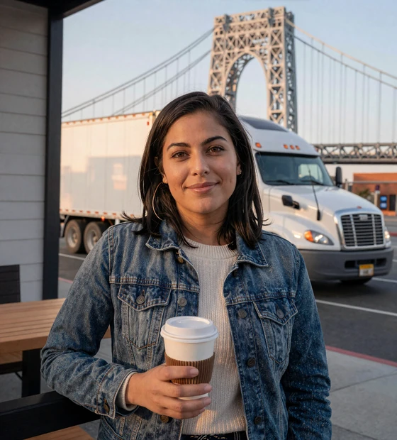 Friendly New York Metro woman near a coffee shop at dawn with bridge skyline - trucker dating New York on LoveMy