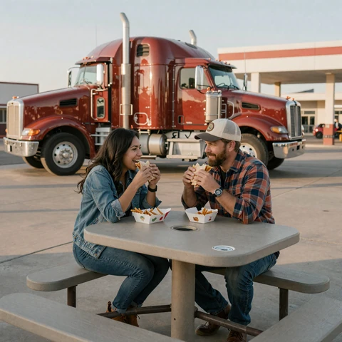 Couple eating lunch at a TA truck stop picnic table - real road life dating