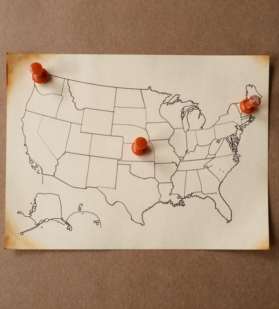 Vintage USA map with rust-orange pins on 11 trucker dating states across America