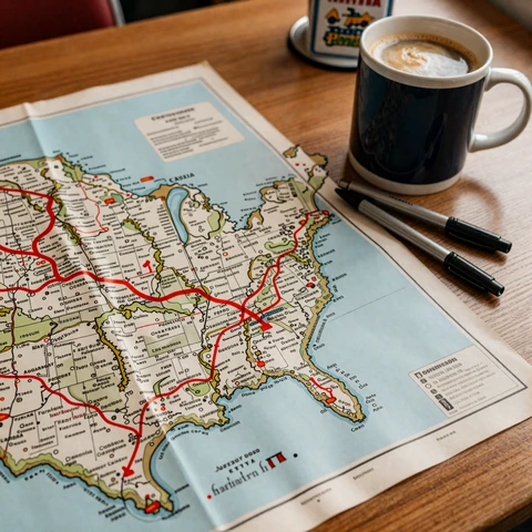 Paper road map with marked route - trucker dating by state hub on LoveMy