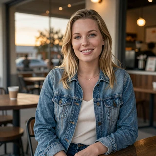 Katie from Arlington smiling outside a coffee shop - trucker dating Dallas profile