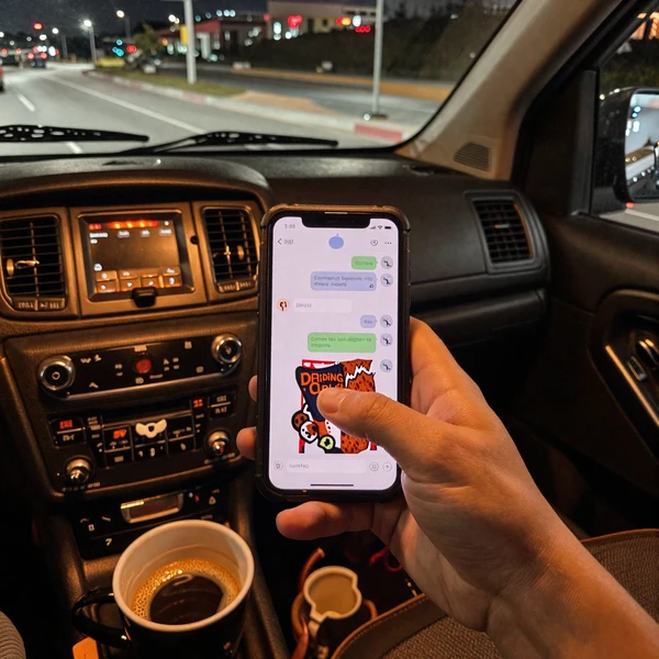 Trucker checking phone in dim cab at night - modern dating for single truckers