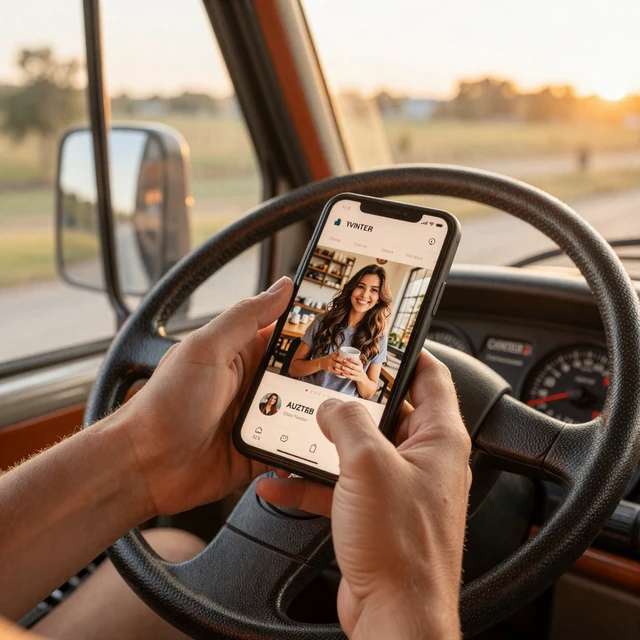 Trucker setting up an online dating profile from the cab - phone on dashboard
