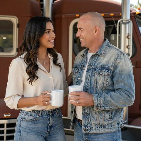 Sofia and Will - LoveMy trucker couple sharing morning coffee on the porch
