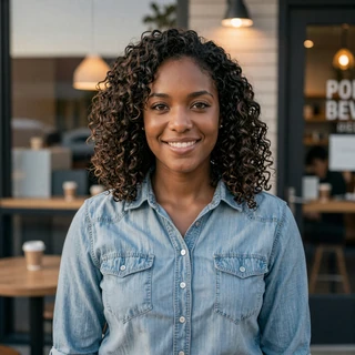 Brianna from Plano smiling outside a Dallas coffee shop - trucker dating Dallas profile photo
