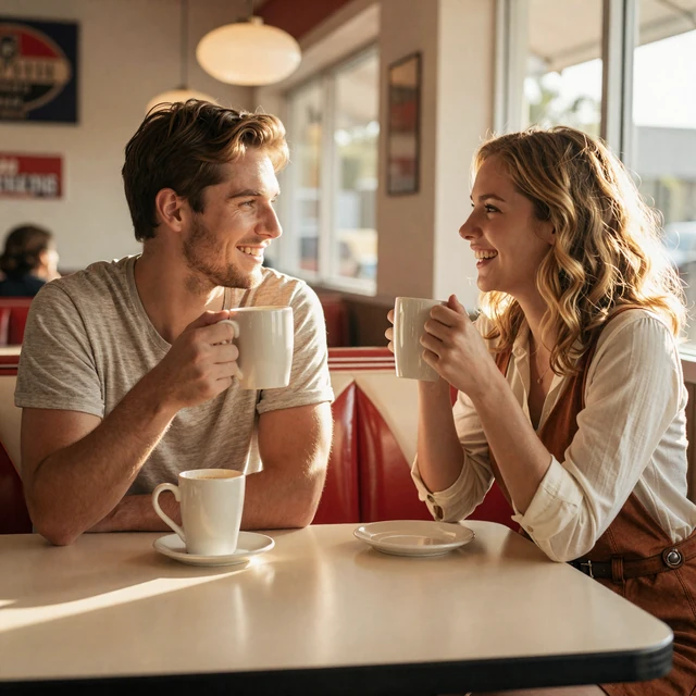 Couple laughing over coffee at diner - how to date a truck driver guide