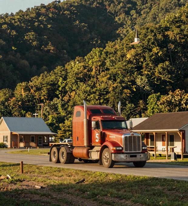 Arkansas trucker dating - red semi truck rolling I-40 through Ozark Mountains at golden hour