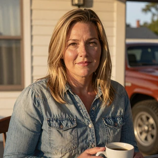 Carla, 44, Springfield MO - long-time trucker wife on her porch with morning coffee