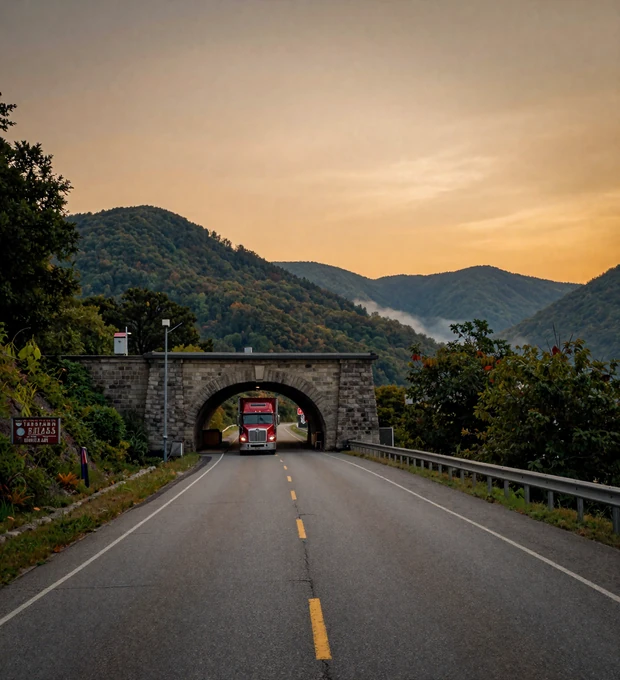 Pennsylvania trucker dating - semi truck cresting PA Turnpike at dusk near Allegheny Tunnel