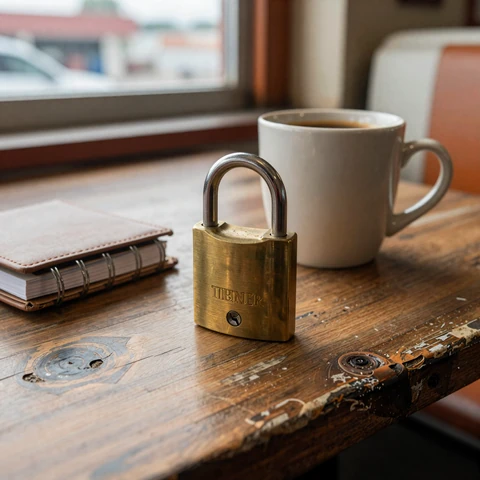 Vintage padlock on a diner table - symbol of safe trucker dating practices