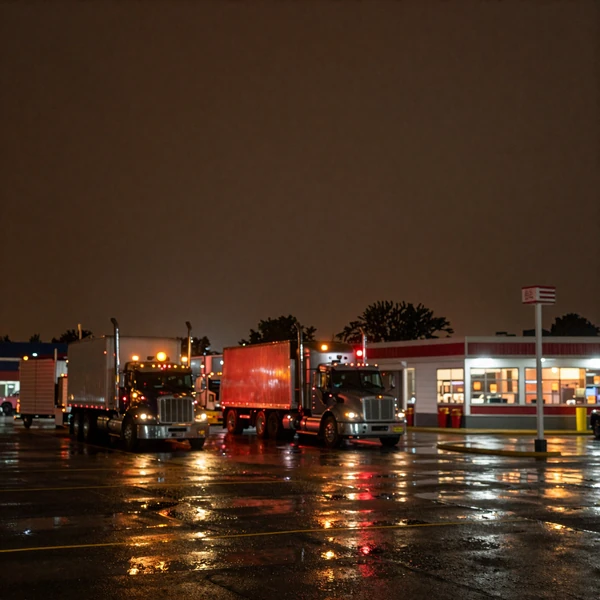 Distant truck stop lights at night through a rain-speckled windshield - truck stop loneliness and single truckers