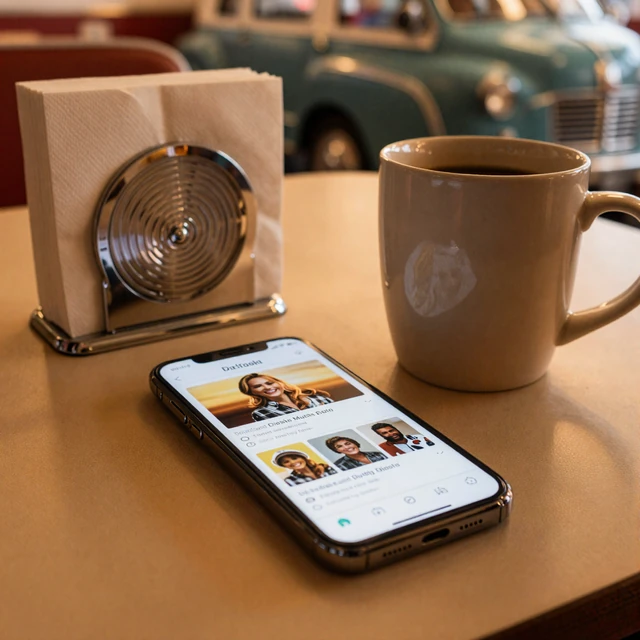 Smartphone on diner table showing trucker dating app - best dating site for truck drivers review cover