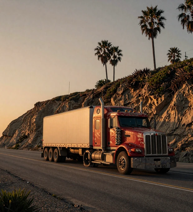 California trucker dating - red semi truck rolling Pacific Coast Highway at golden hour