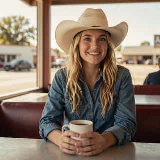 Hannah from Texas - trucker dating profile in cowboy hat at roadside diner
