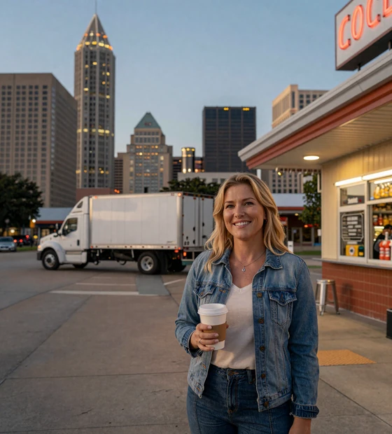 Dallas skyline with truck stop cafe and friendly woman smiling - trucker dating Dallas on LoveMy